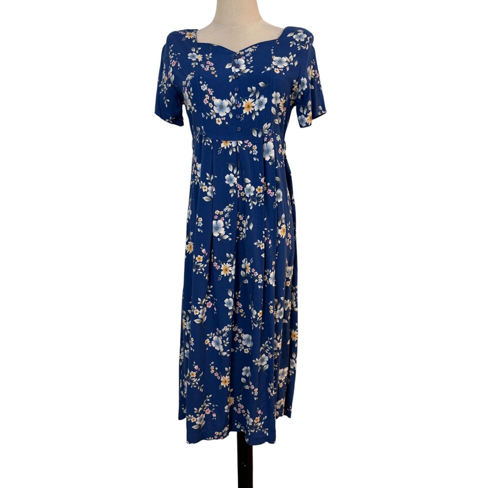 VTG 90s Floral Midi Dress Cottagecore Blue Button Front Petite soft grunge boho